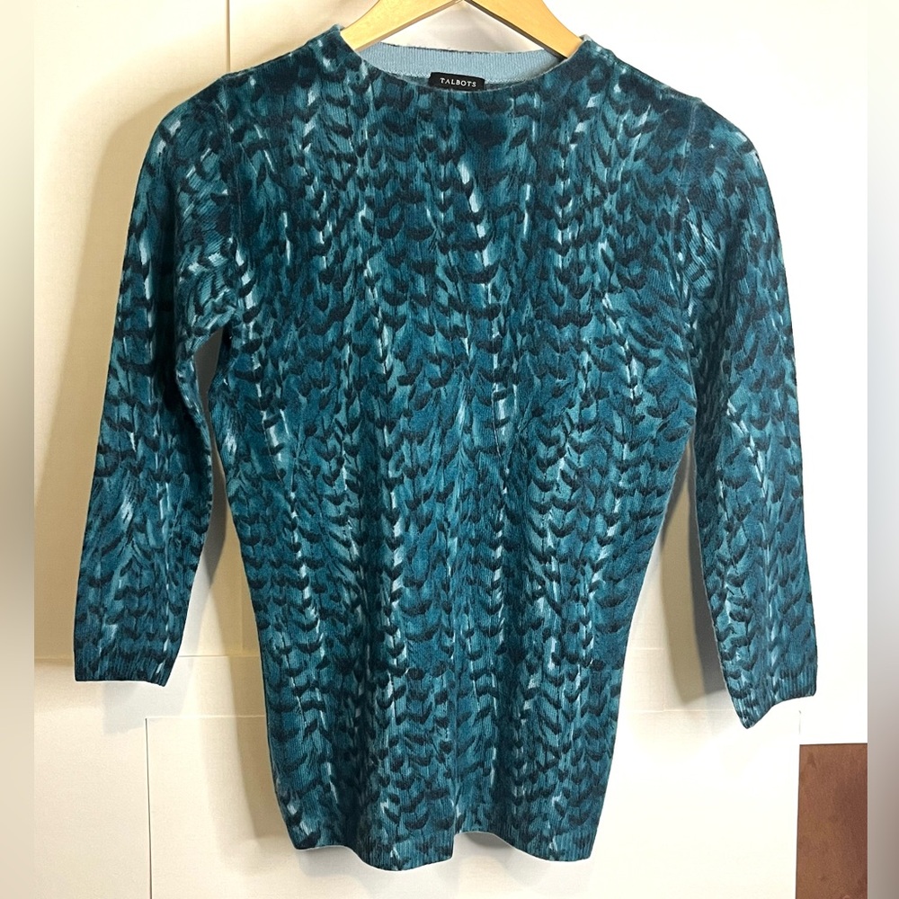 Talbots Women’s Size XS Teal Feather Print Fitted Pullover Pure Cashmere Sweater
